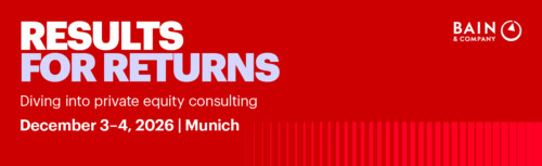 Vor rotem Hintergrund rechts in weiß das Logo von Bain und links der Eventtitel Results for Returns