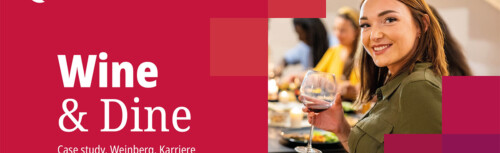 Auf dem Bild ist links oben das Logo von Ecovis und darunter der Eventtitel Wine & Dine zu sehen. Rechts sieht man eine Frau mit Weinglas, die mit anderen Personen zusammensitzt.