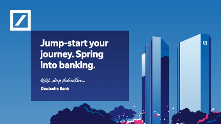 Oben links ist in weiß das Logo der Deutschen Bank zu sehen, darunter der Schriftzug Jump-start your journey. Spring into Banking. Rechts im Bild sind man die stilisierten Deutsche Bank-Türme. Das Bild ist in Blau-Schwarz-Weiß gehalten.