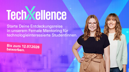 Rechts zwei Frauen in der Mitte ein großes X und links das Logo von KPMG und der Schriftzug TechXXellence, mit rosafarbenem Banner bis zum 12. Juli 2026 bewerben.