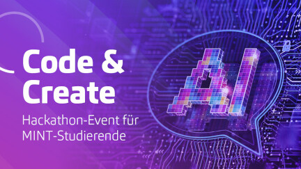 Auf lilafarbenem Hintergrund ist links der Eventtitel Code & Create zu lesen und rechts der Schriftzug AI in einer Sprechblase