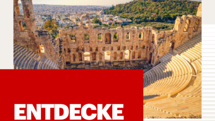 Unten links ist der Schriftzug "Entdecke Beratung" zu sehen, oben rechts der Eventtitel und das Eventdatum, oben links das Logo von Bain & Company. In der Mitte ist eine antike Stätte in Athen zu sehen.