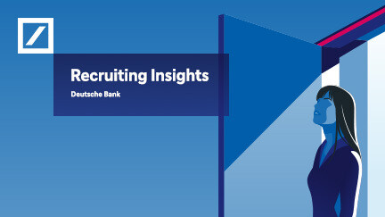 Links oben das weiße Logo der Deutschen Bank auf blauem Hintergrund, darunter der Eventtitel Recruiting Insights, rechts im Bild sieht man eine stilisierte Frau, die in einer offenen Tür stehend nach links blickt