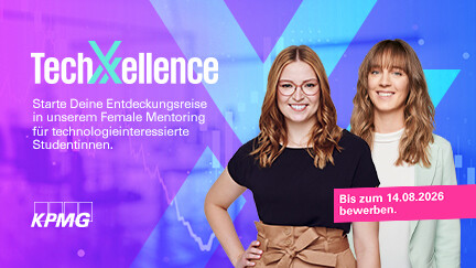 Zwei Frauen gut gelaunt im Bild im Hintergrund ein stilisiertes großes X und links das Logo von KPMG mit dem Titel TechXXellence