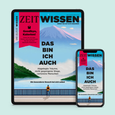 Ein Handy und eine Tablet, die jeweils die digitale Ausgabe von ZEIT Wissen auf dem Display zeigen.