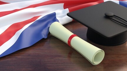 Graduation Cap in front of a United Kingdom flag