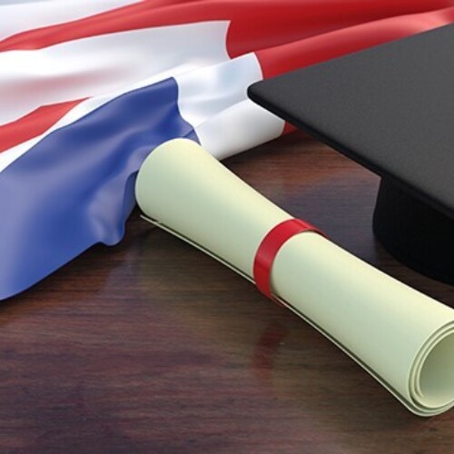 Graduation Cap in front of a United Kingdom flag