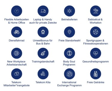 Mehrere Symbole, die die Benefits für Mitarbeitende von Detecon zeigen (Quelle: Detecon)