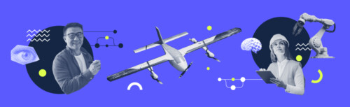 Das Bild hat einen lilafarbenen Hintergrund, in der Mitte ist ein Flugzeug zu sehen und weitere Objekte, die mit Industrie und Technik zu tun haben. Rechts befindet sich ein Mann und links eine Frau mit Baustellenhelm.