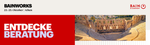 Links ist der Schriftzug "Entdecke Beratung" zu sehen und Eventtitel und Datum. Rechts im Bild ist oben das Logo von Bain & Company und unten eine antike Stätte in Athen zu sehen.