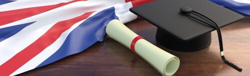 Graduation Cap in front of a United Kingdom flag