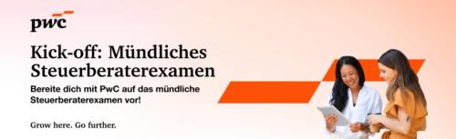 Auf dem Bild ist der Schriftzug "Kickoff: Mündliches Steuerberaterexamen" mit kurzer Erläuterung unter dem PwC-Logo zu sehen. Auf der rechten Seite befinden sich zwei Frauen, die sich über ein Dokument beugen.